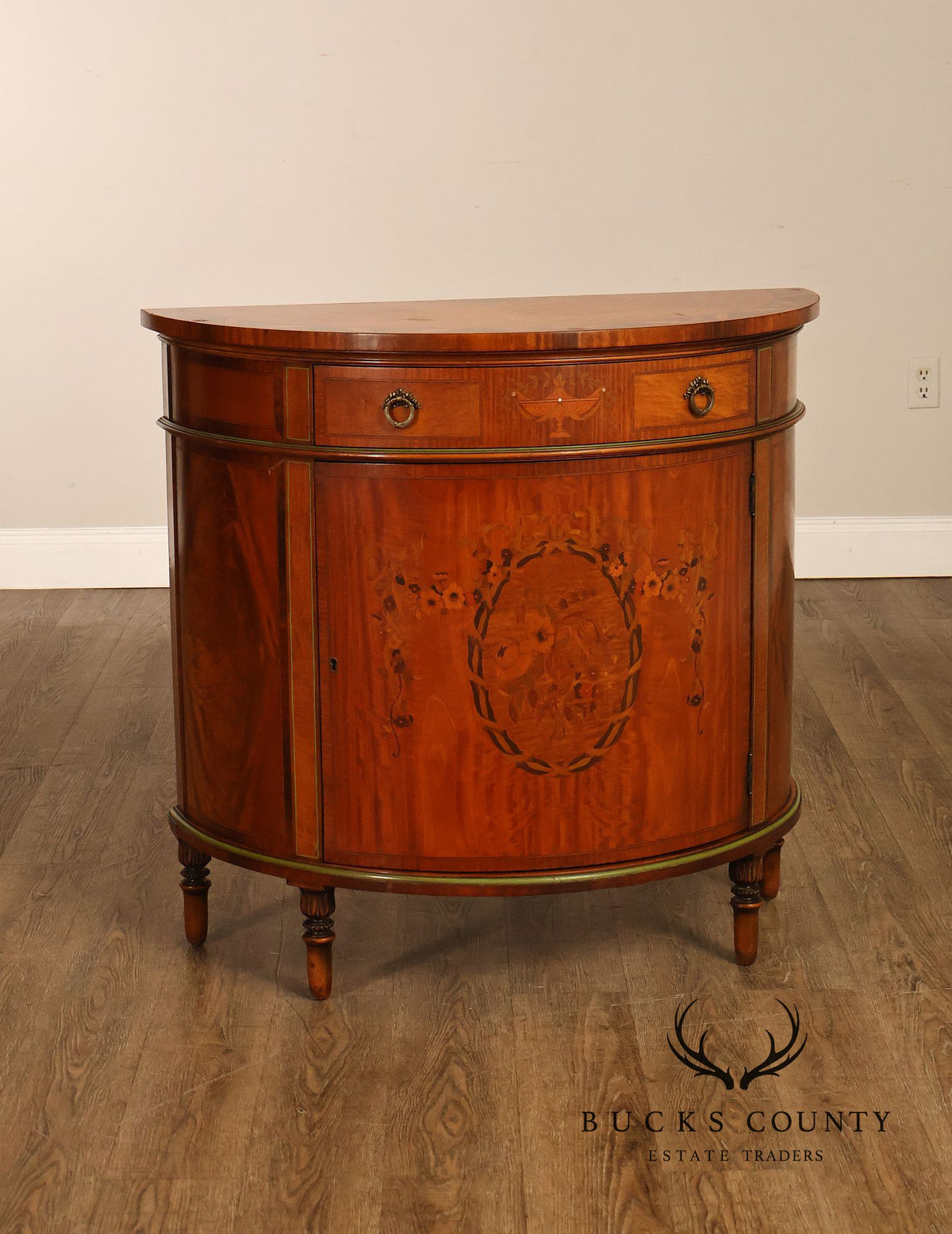 Neoclassical Style Inlaid Demilune Cabinet With Interior Drawers