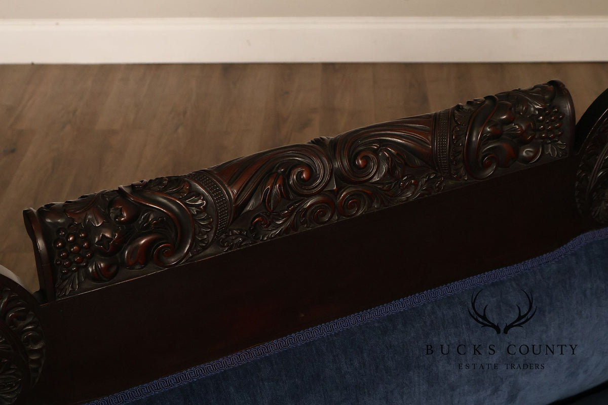 Antique American Empire Mahogany Carved Swan Arm Sofa With Blue Upholstery