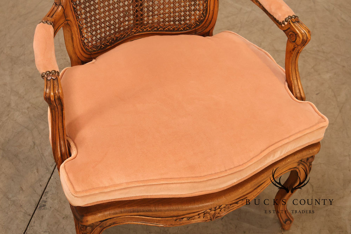 Antique French Louis XV Style Pair Of Carved Wood Caned Armchairs