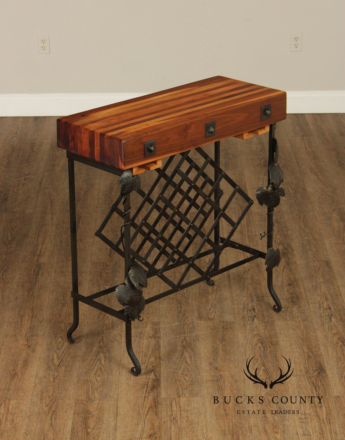 F.B. Farm Shenandoah Valley Butcher Block Iron Base Console Table & Wine Rack