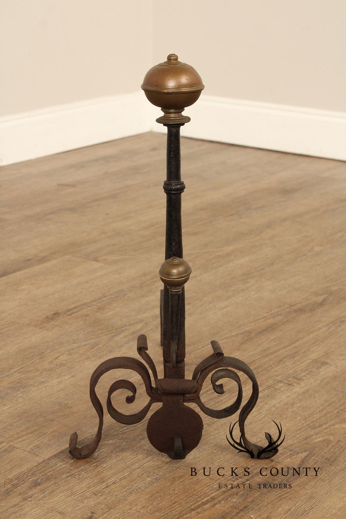 Antique Pair of Forged Iron and Brass Fireplace Andirons