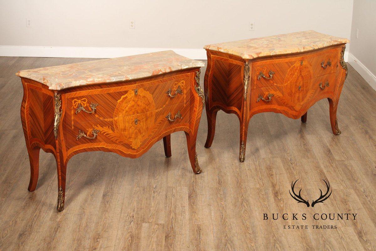 Louis XV Style Pair Of Marquetry Inlaid Marble Top Bombe Commodes