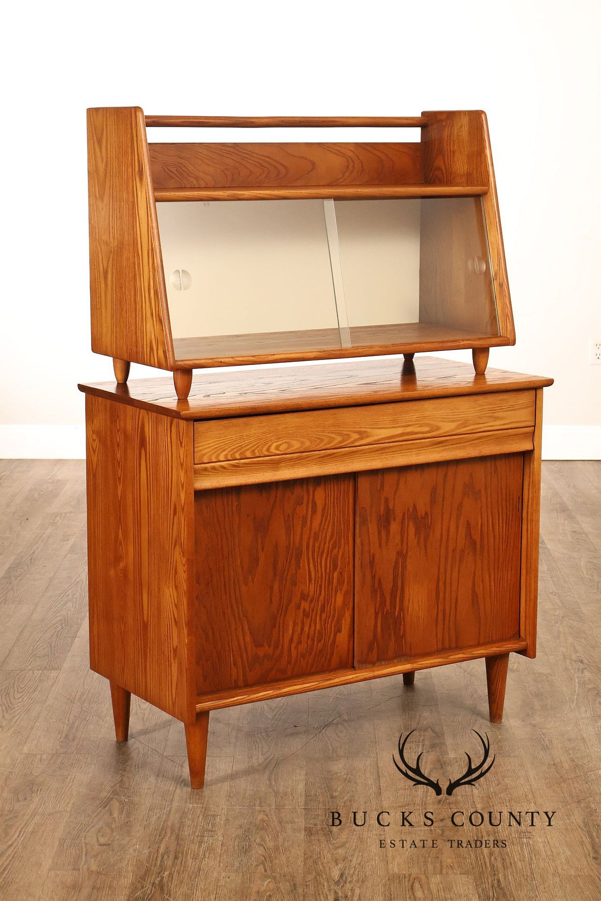 Mid Century Modern Two-Piece Oak and Glass China Cabinet