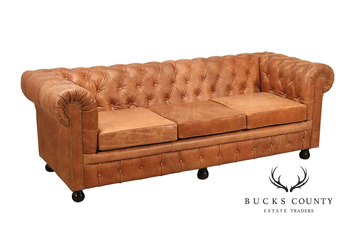 Chesterfield Style 7 Foot Distressed Brown Tufted Leather Sofa