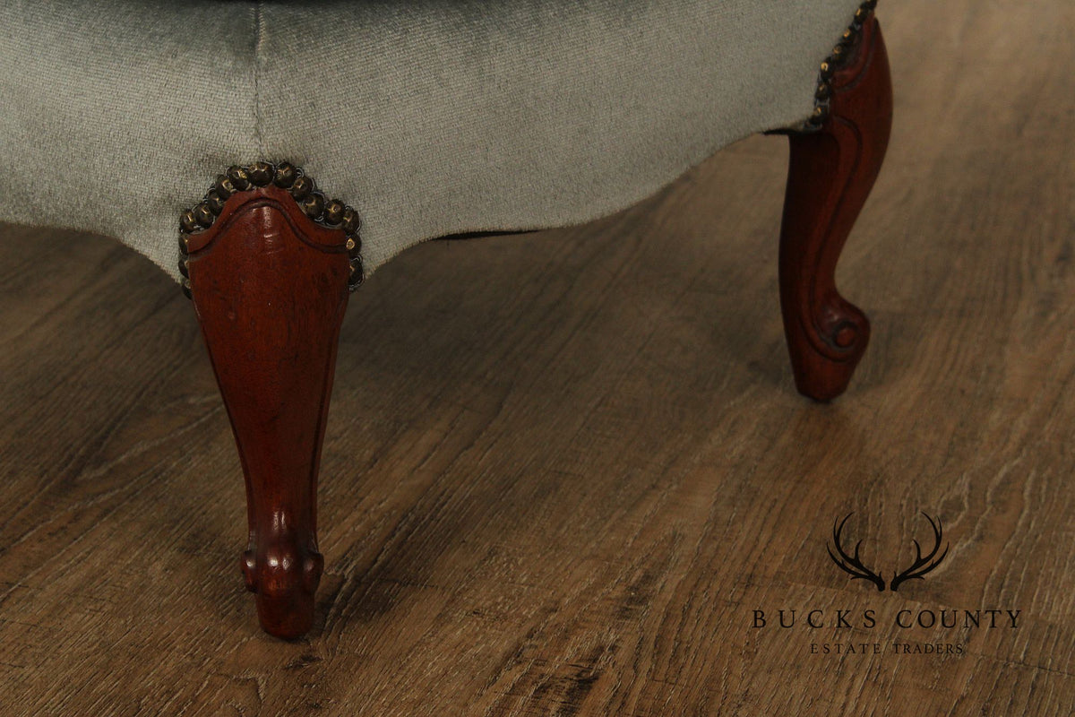 French Style Vintage Mahogany And Upholstered Ottoman