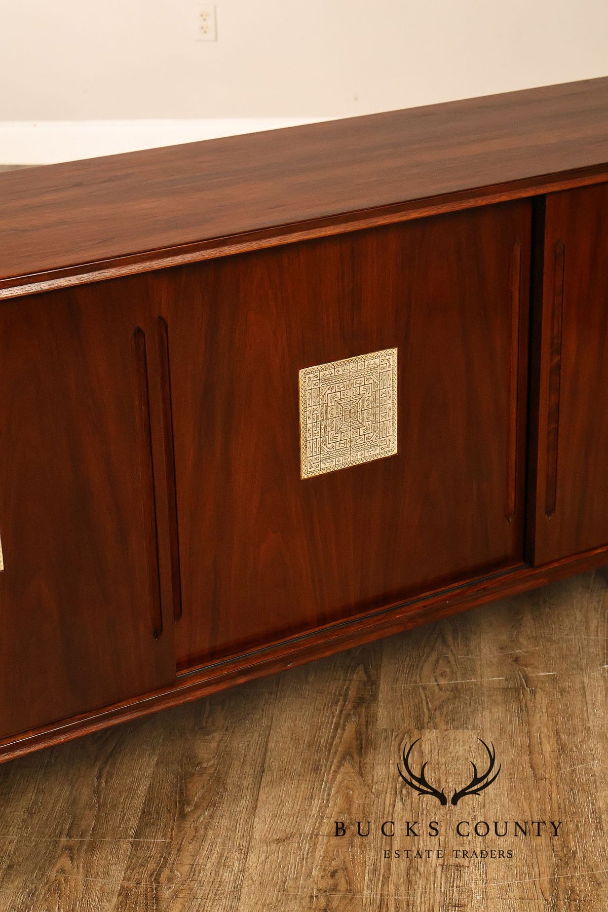Mid Century Modern Walnut Buffet Sideboard With Decorative Tile Inlays