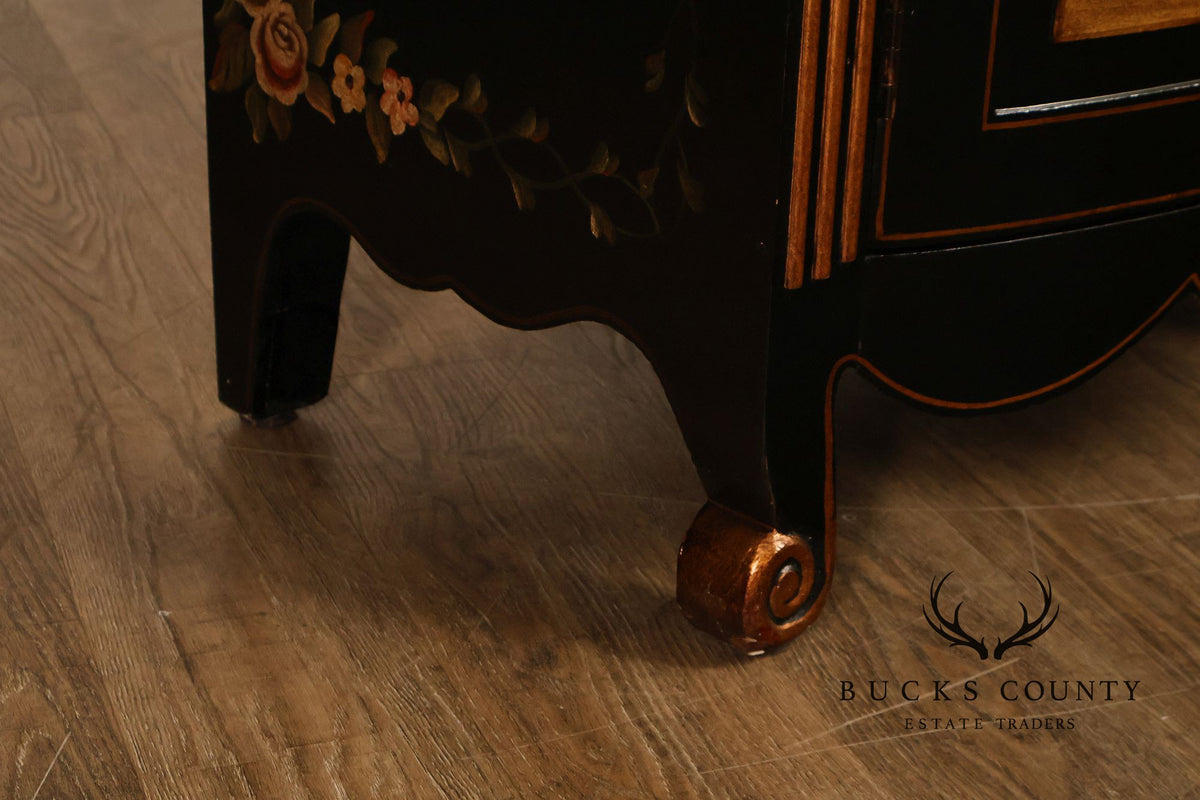 French Provincial Style Black Lacquer Hand-Painted Fruit Basket Sideboard