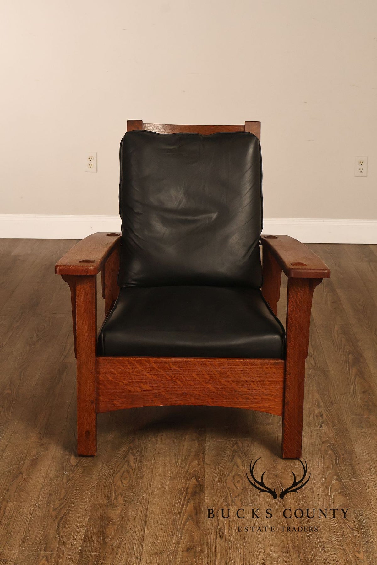 Antique Limbert Arts And Crafts Oak Morris Chair With Leather Cushions