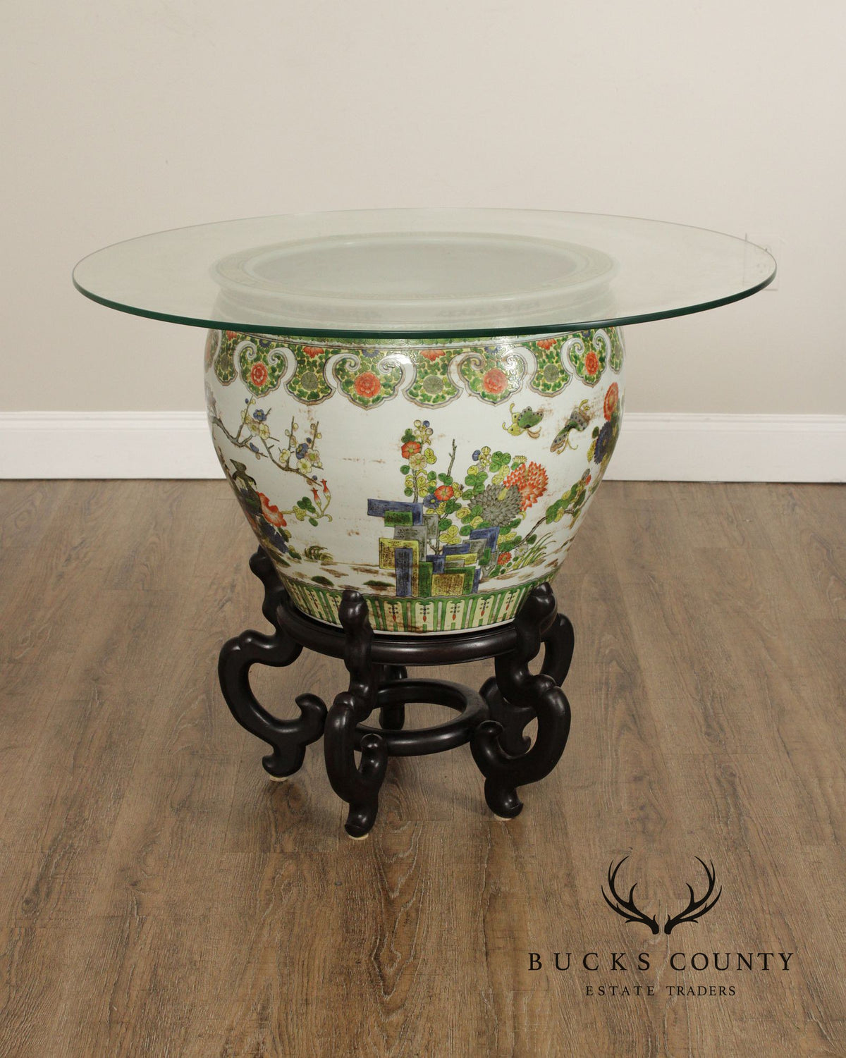 Chinese Glass Top Enameled Porcelain Fishbowl Planter on Stand