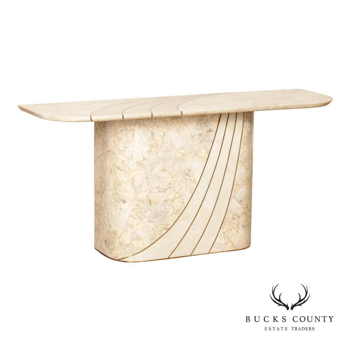 Hollywood Regency Tessellated Stone Brass Inlaid Console Table