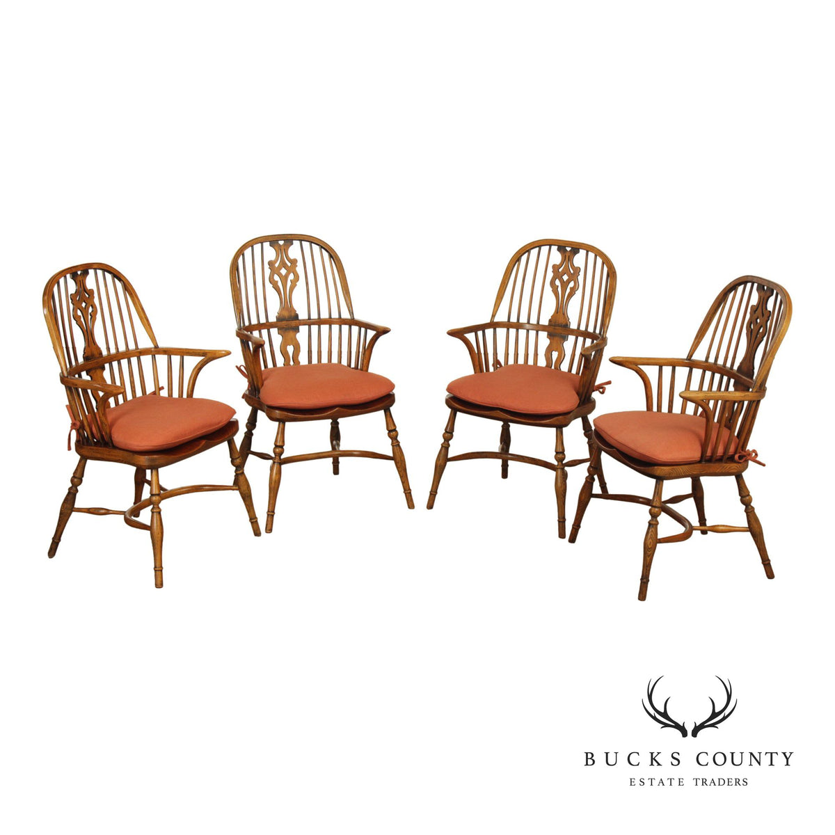 Vintage Set of Four English Oak Windsor Dining Armchairs