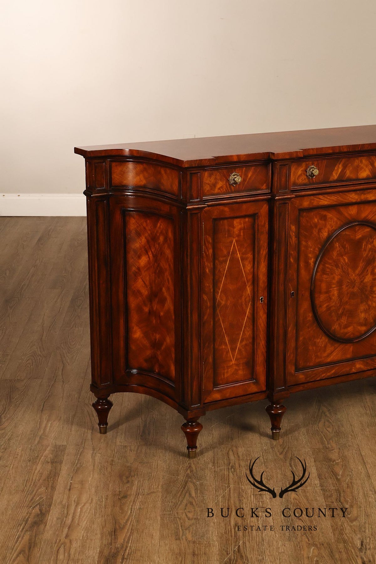 Theodore Alexander Replica Concave Mahogany And Burl Mahogany Sideboard Cabinet