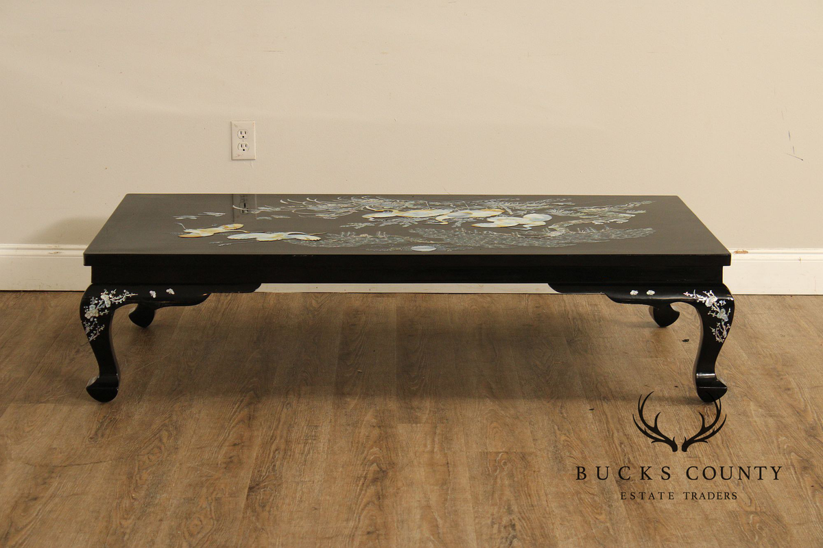 Korean Vintage Black Lacquer And Mother of Pearl Inlaid Coffee Table