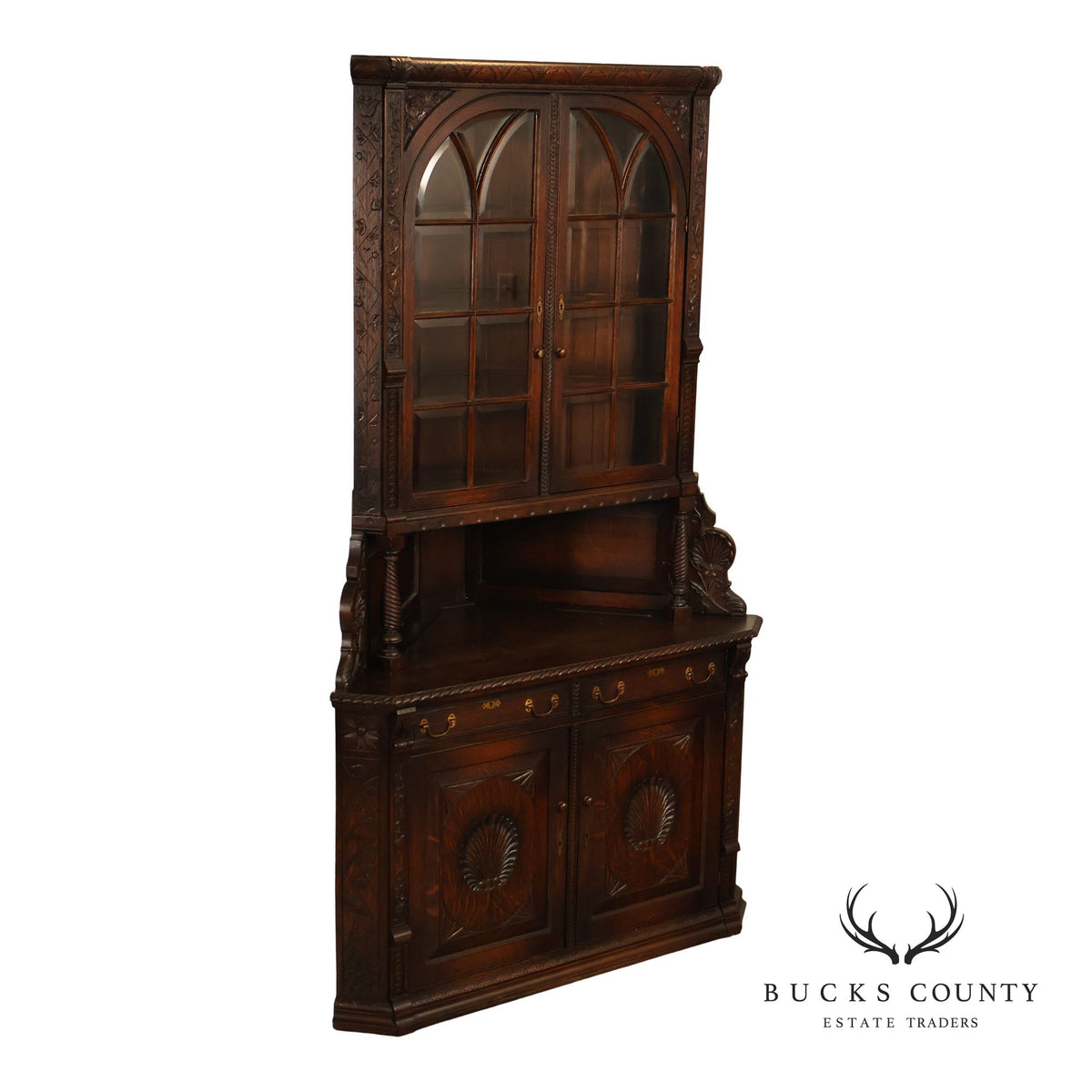 Antique RJ Horner Style Victorian Carved Oak Corner Cabinet