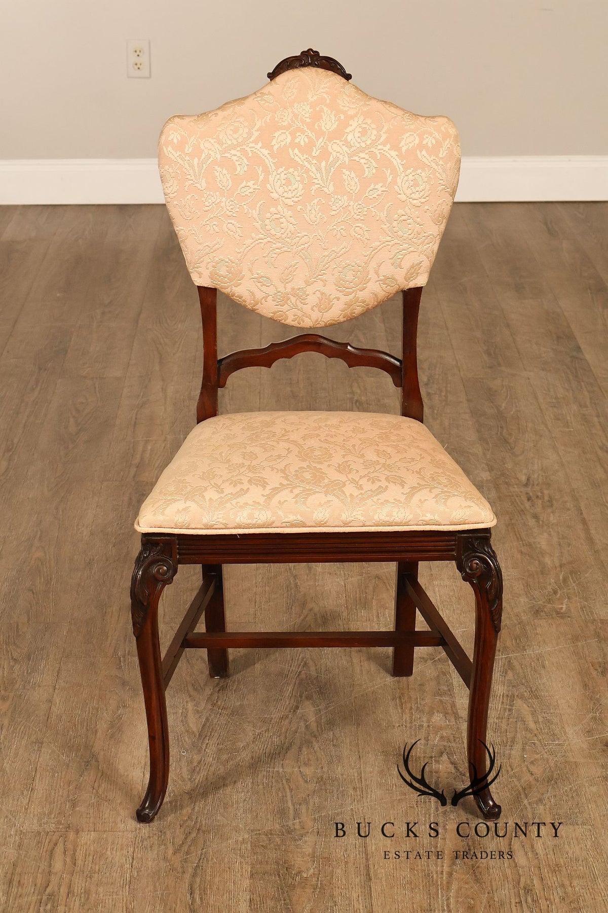 Traditional Mahogany Carved Side Chair With Floral Damask Upholstery