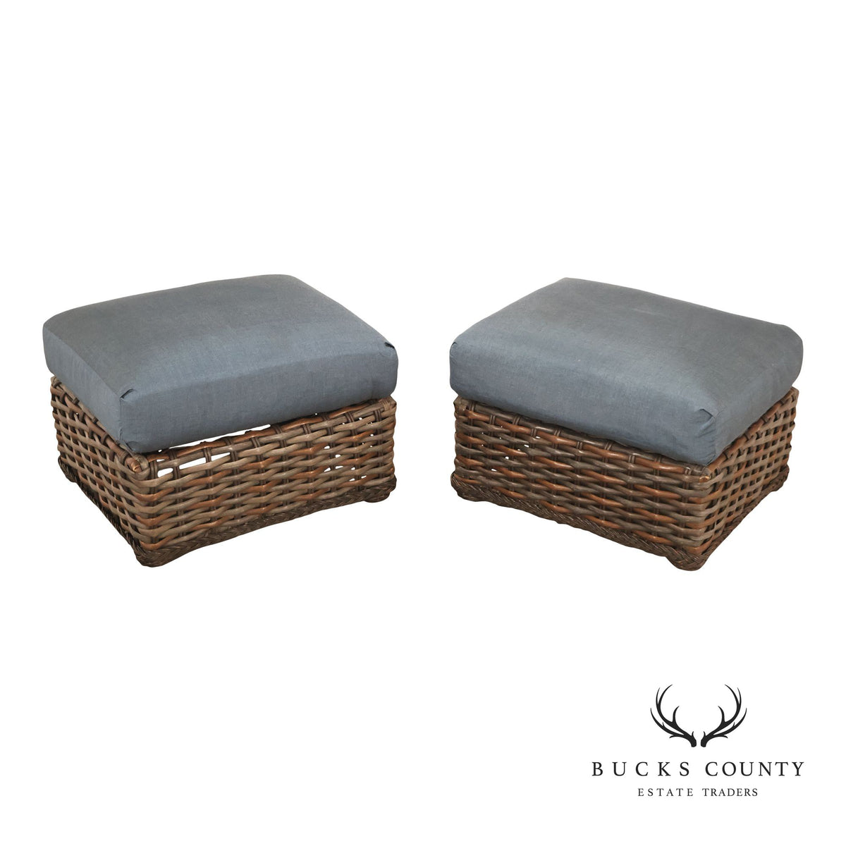 Lane Venture WeatherMaster Pair Of Woven Wicker Outdoor Ottomans With Blue Cushions