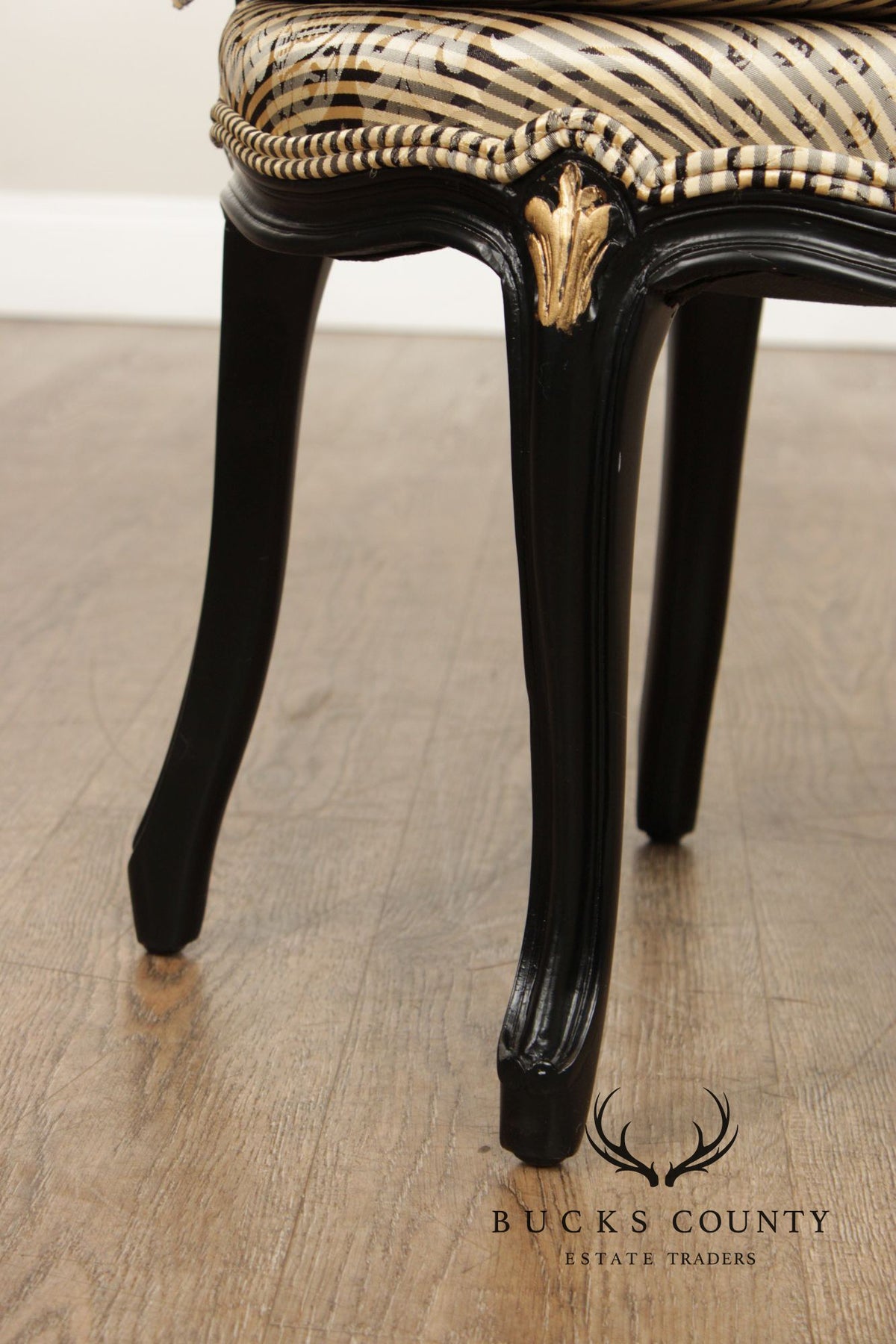 Italian Rococo Style Pair of Ebonized and Partial Gilt Side Chairs