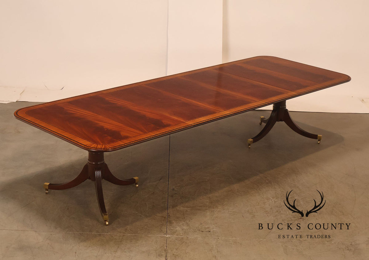 Baker Furniture Mahogany Banded Double Pedestal Extension Dining Table With Three Leaves