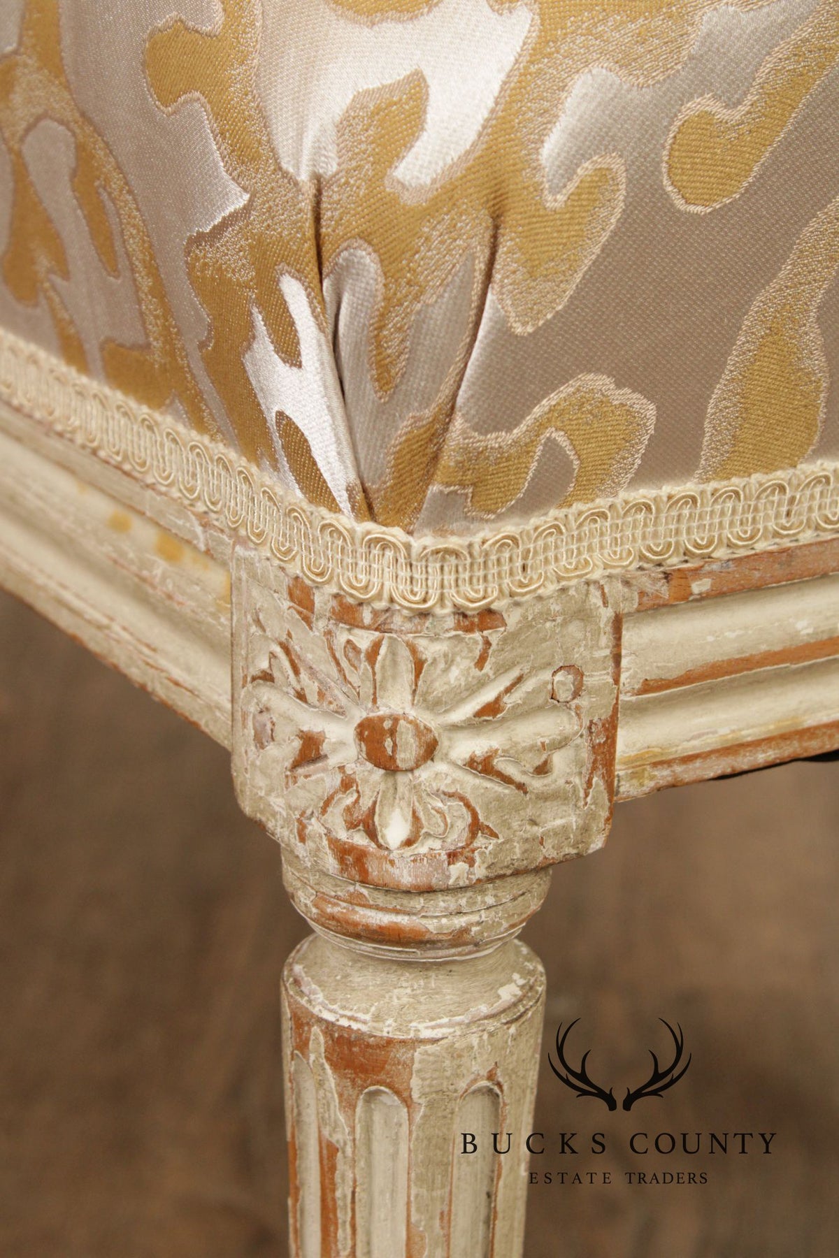 French Louis XVI Style Vintage Pair Painted Stools With Upholstered Seats