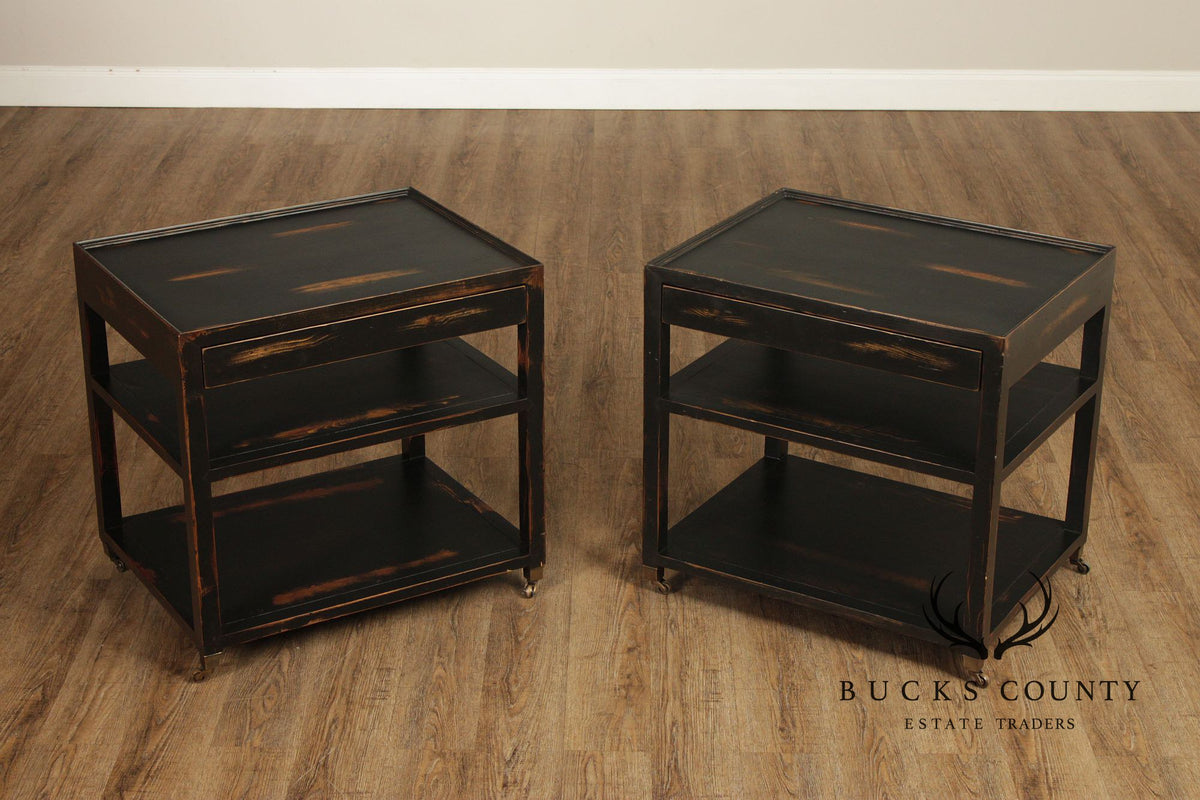 Industrial Style Pair of Ebonized Rolling End Tables