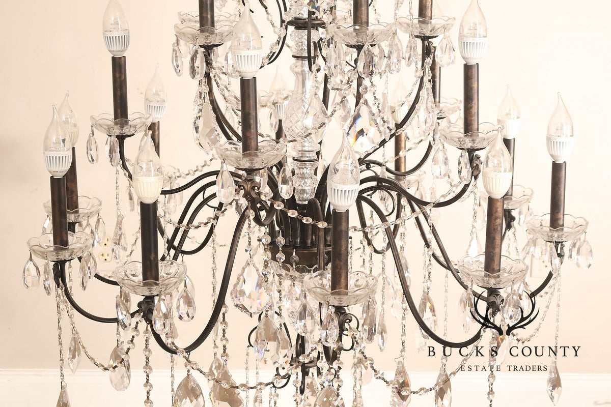 Large Twenty-Light Crystal And Wrought Iron 55" Chandelier