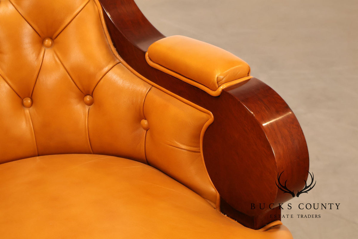 Mariner Leather Swivel Office Chair With Tufted Back And Carved Mahogany Base