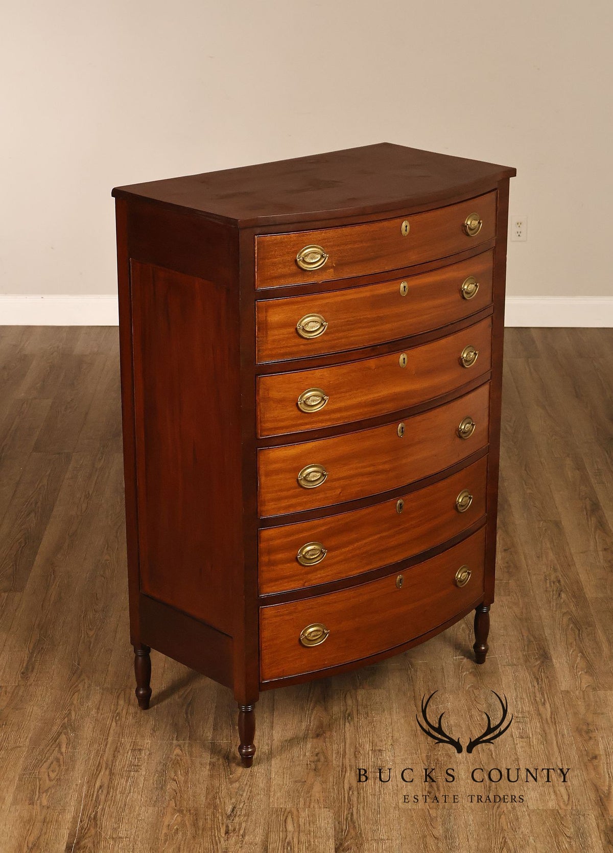 Antique Hepplewhite Style Mahogany Bow Front Six-Drawer Tall Chest