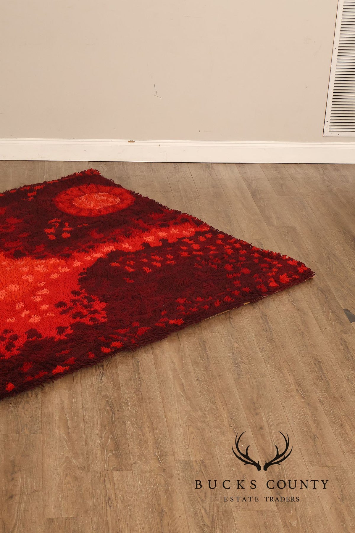 Mid Century Modern Scandinavian Rya Wool Abstract Red Shag Area Rug / Textile Wall Hanging by Ritva Puotila