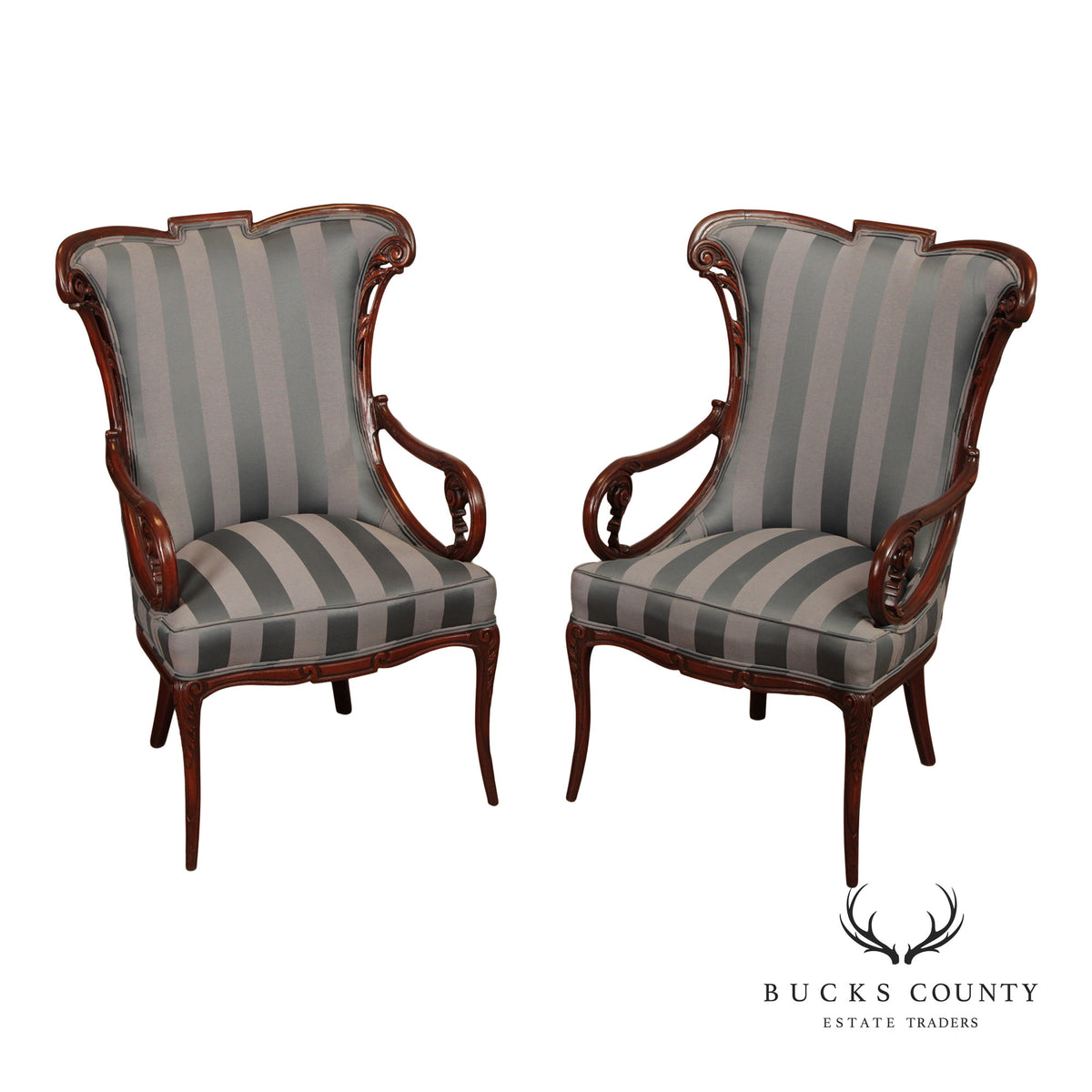Pair Of Louis XV Style Carved Mahogany Upholstered Armchairs