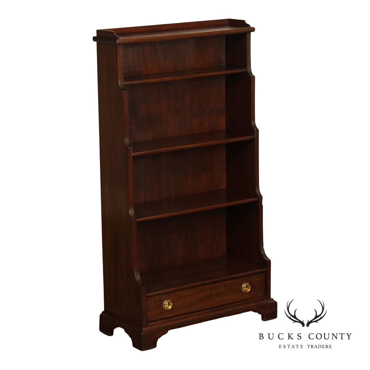 Vintage Georgian Style Narrow Mahogany Waterfall Open Bookcase With Drawer