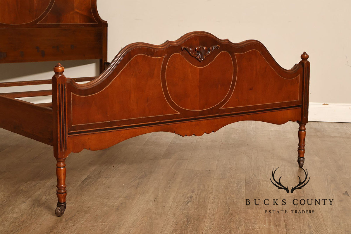 Antique Victorian Walnut Full Size Bedframe With Carved Floral Accents And Decorative Inlay