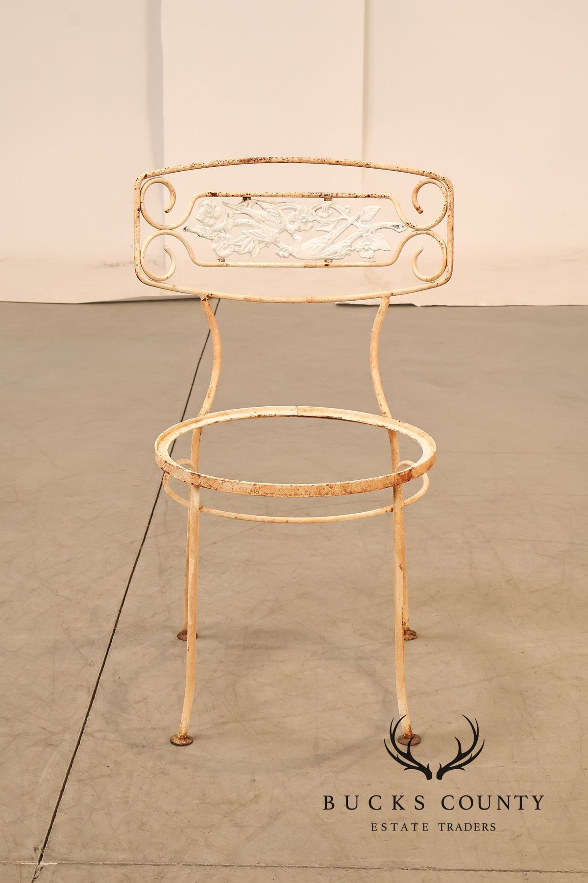 Painted Wrought Iron Set Of Three Garden Chairs With Decorative Backs