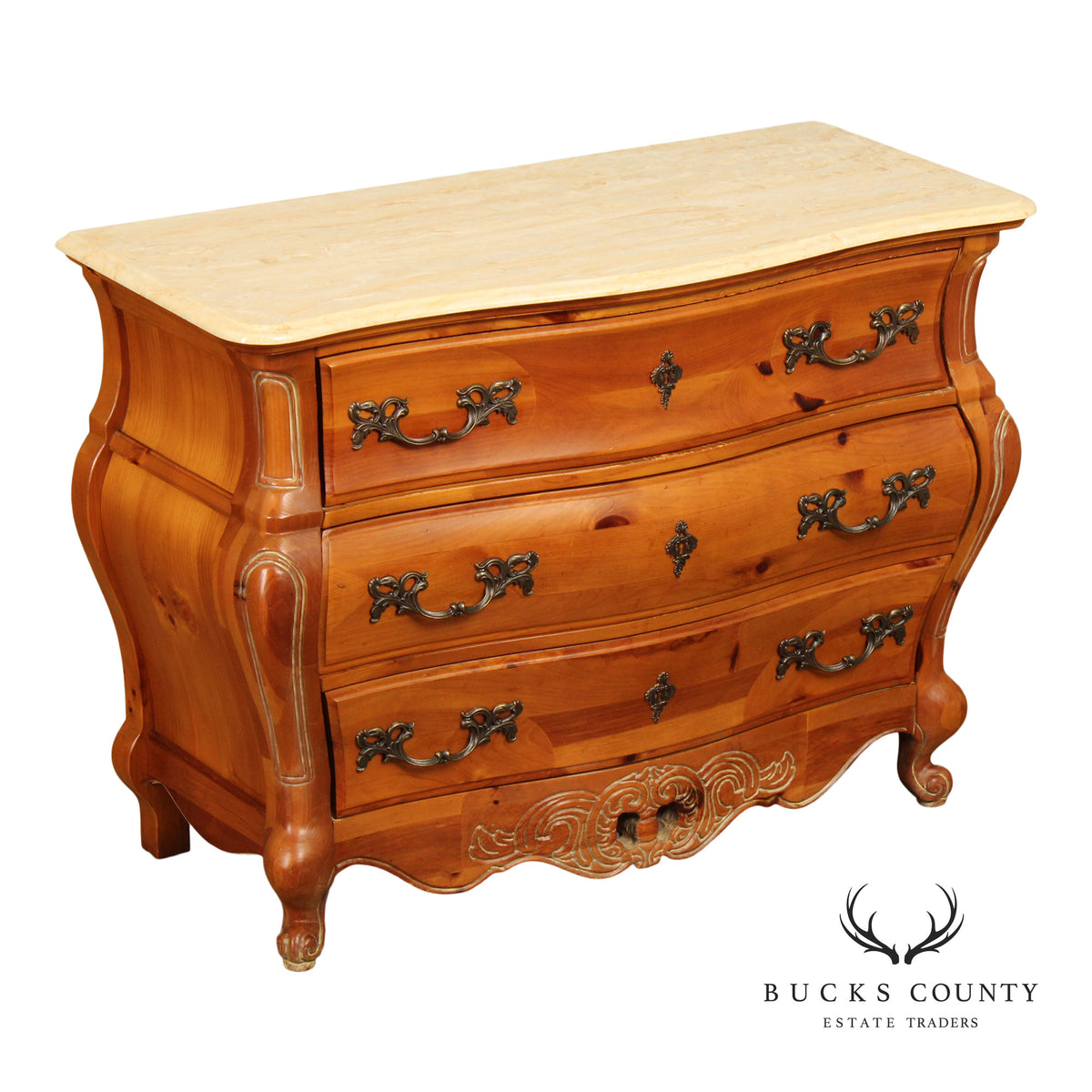 French Country Style Marble Top Pine Commode