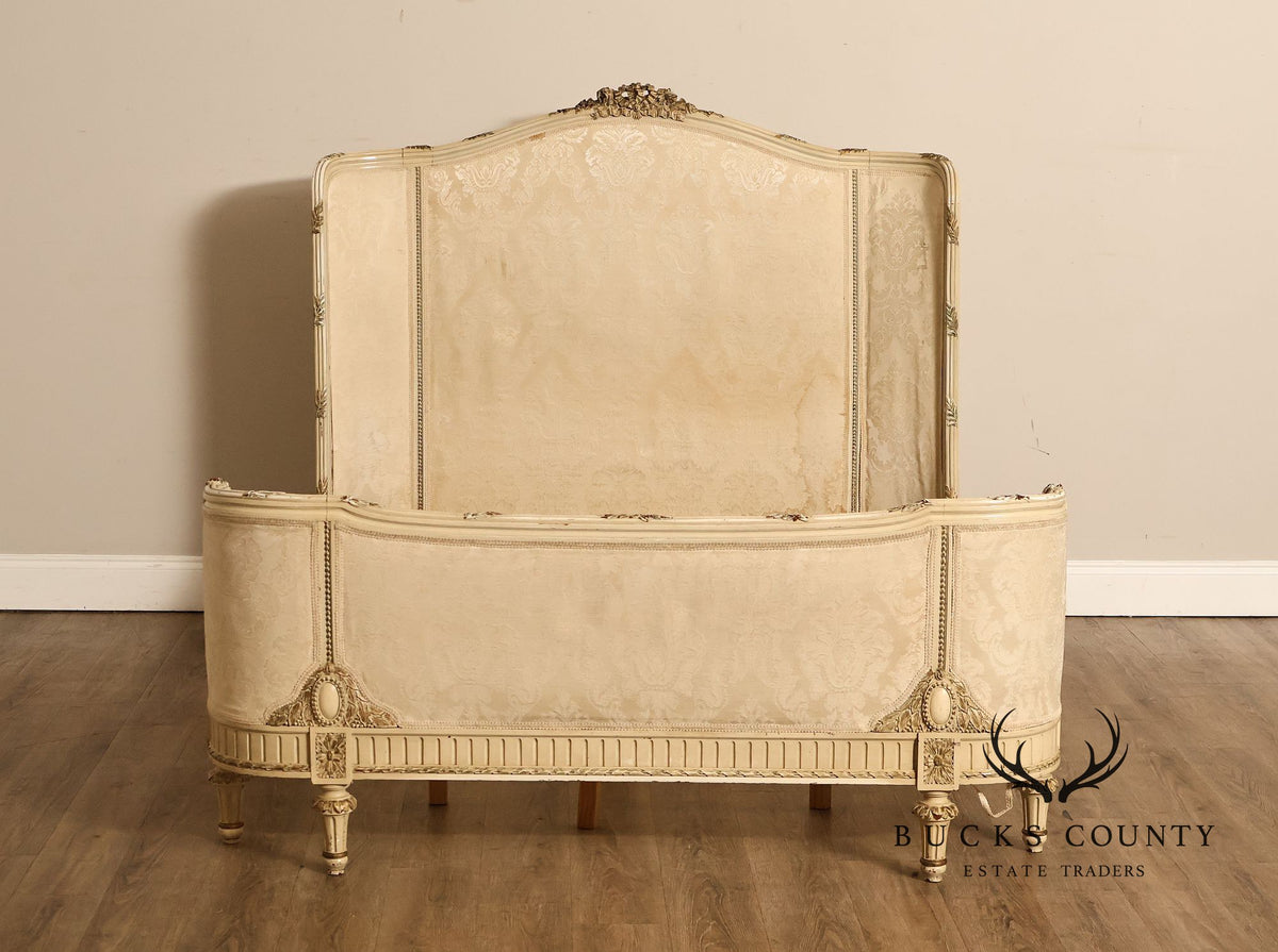 Antique French Louis XVI Style Painted & Upholstered Full Size Bed Frame
