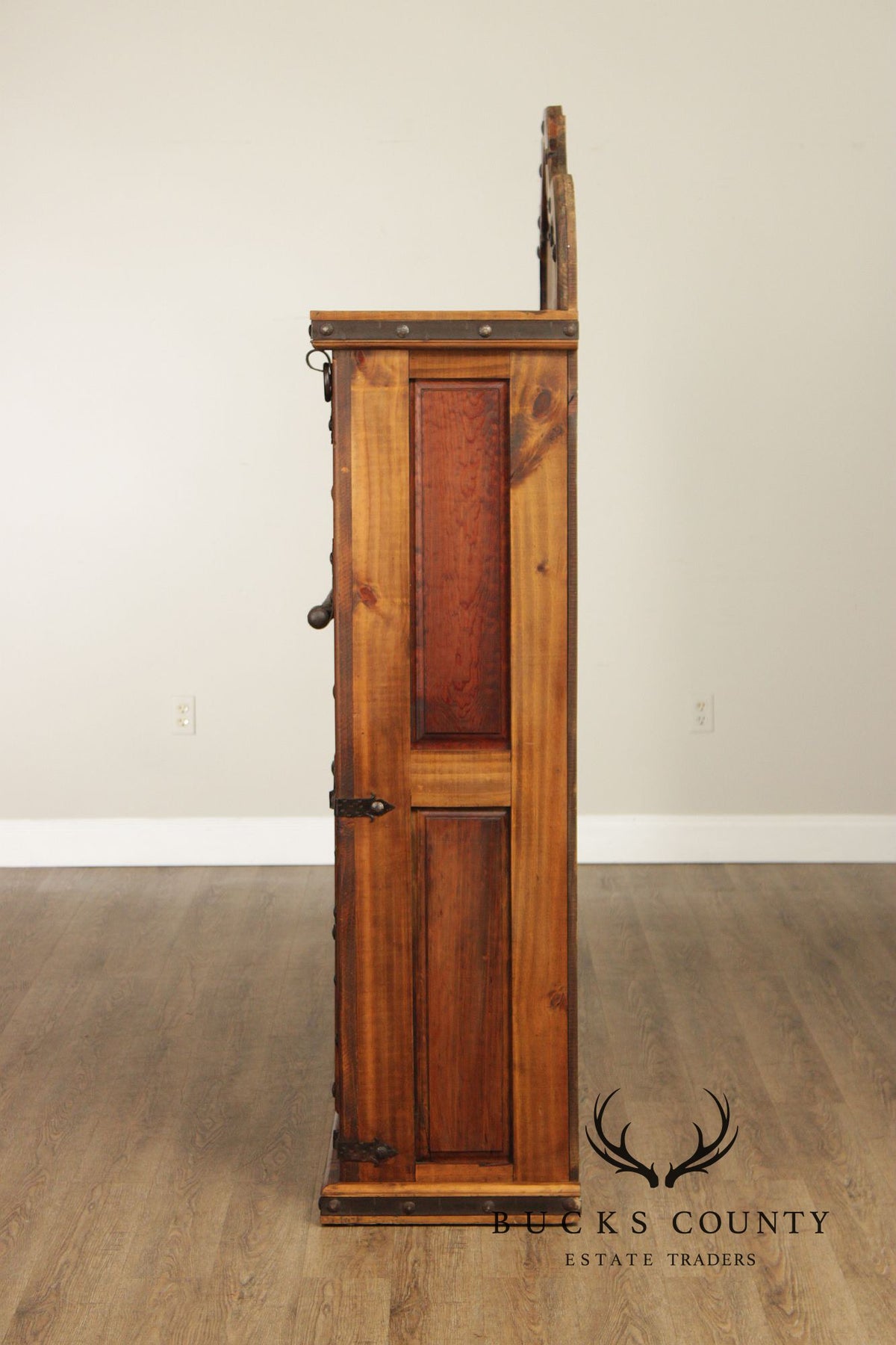 Rustic Spanish Colonial Style Pine Iron Mounted Sideboard Hutch