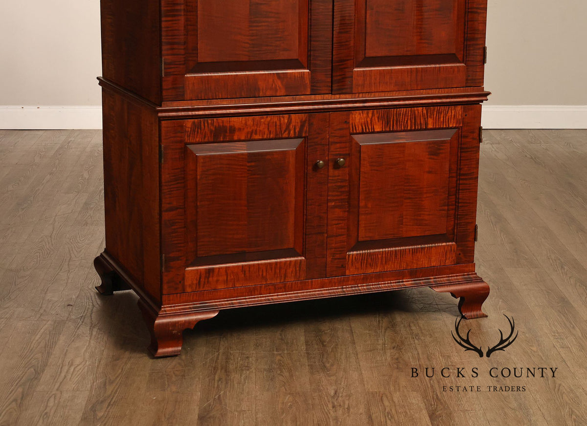 Custom Tiger Maple Two-Piece Four-Door Cabinet Armoire