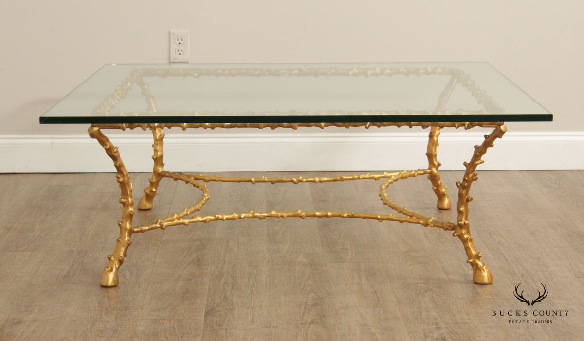 Italian Hollywood Regency Gilt Bronze Glass Top Coffee Table