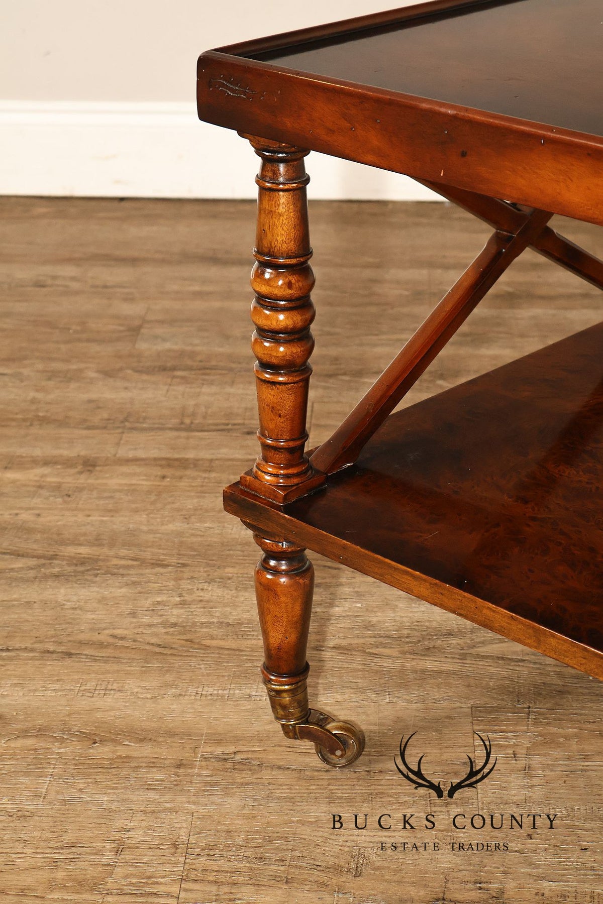 Regency Style Burl Wood Two-Tier Square Coffee Table On Brass Casters