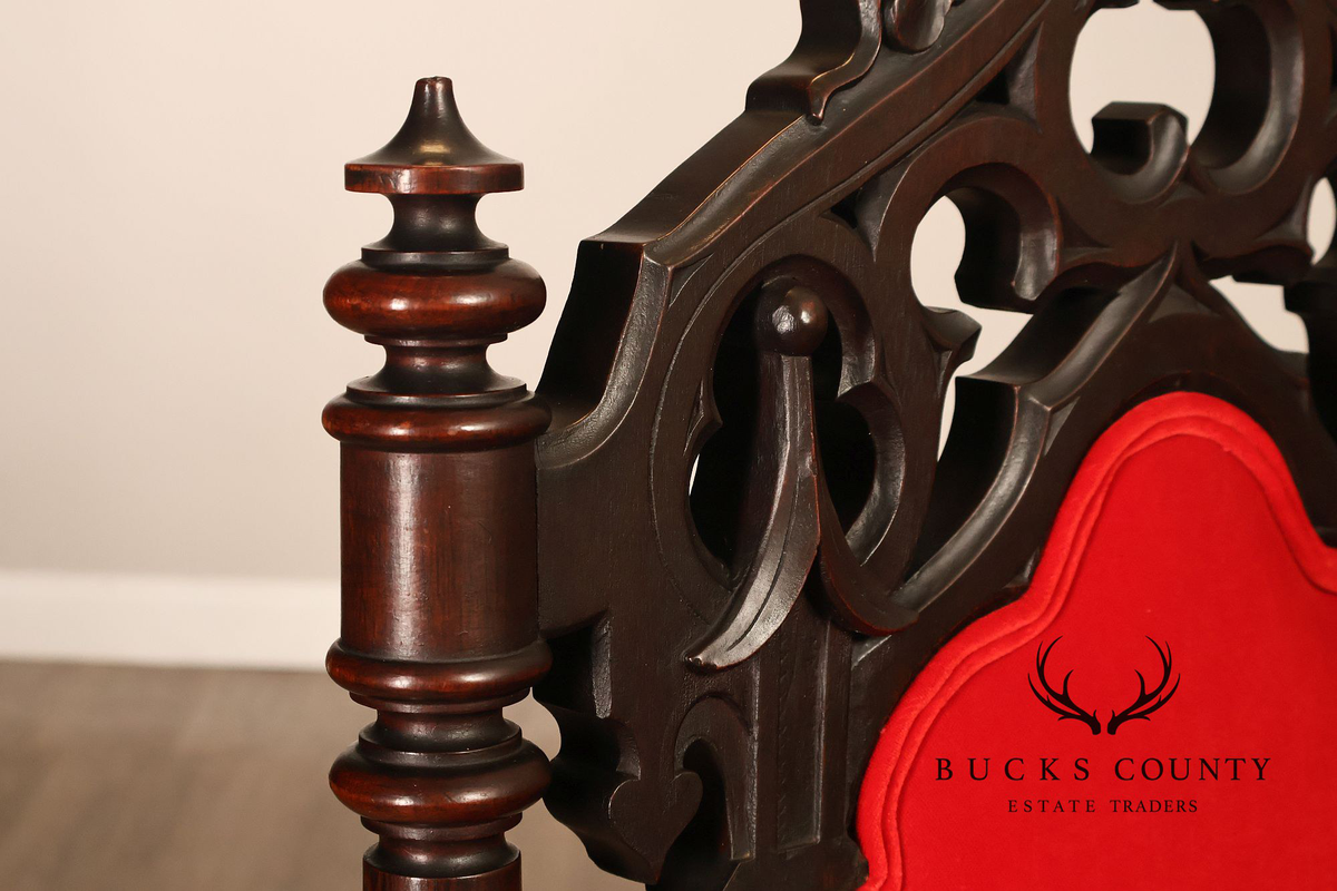 Gothic Revival Walnut Carved Wood Throne Pair Of Armchairs
