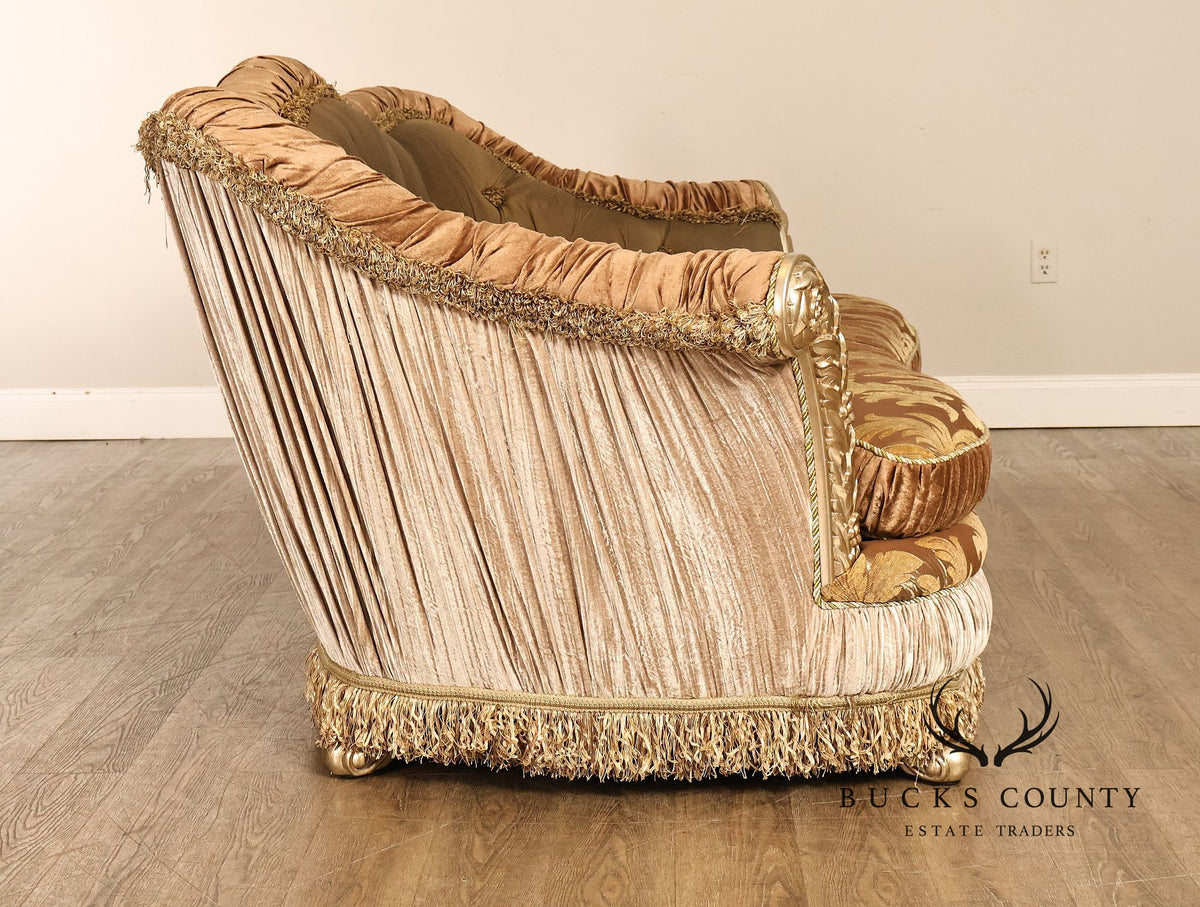 Tufted Rococo Camelback Sofa With Carved Gilt Trim