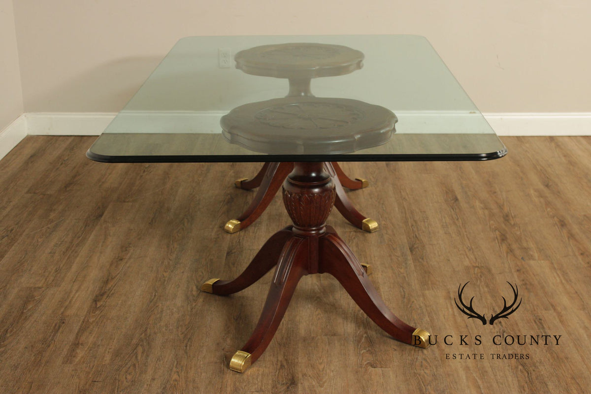 Georgian Style Mahogany Double Pedestal Glass Top Dining Table