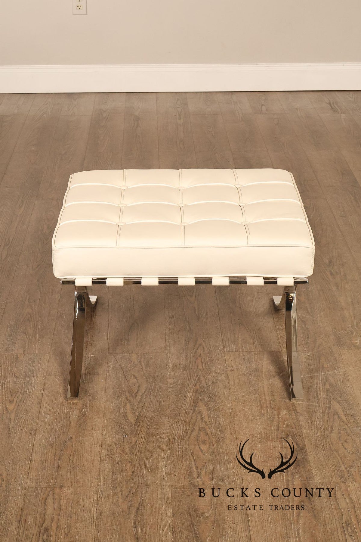 White Barcelona Style Pair Of Leather Stools With Chrome Bases