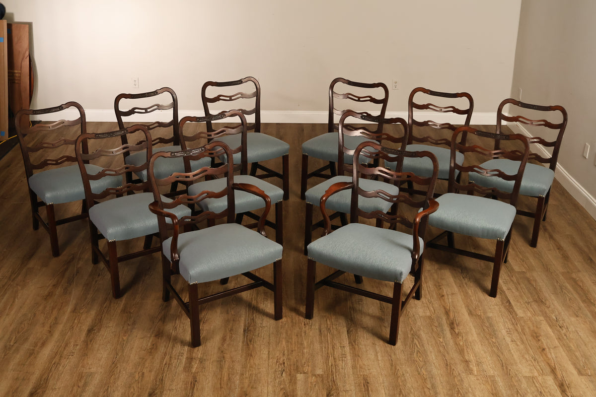 Baker Chippendale Style Vintage Set of 12 Mahogany Ladder Back Dining Chairs - 2 Arm, 10 Side