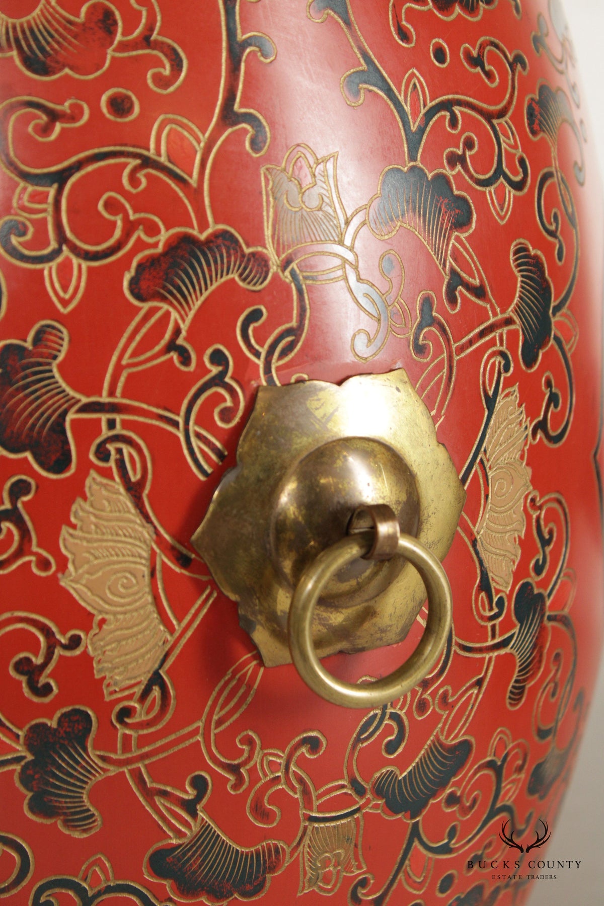 Asian Inspired Pair Hand Painted Wooden Drum Stools