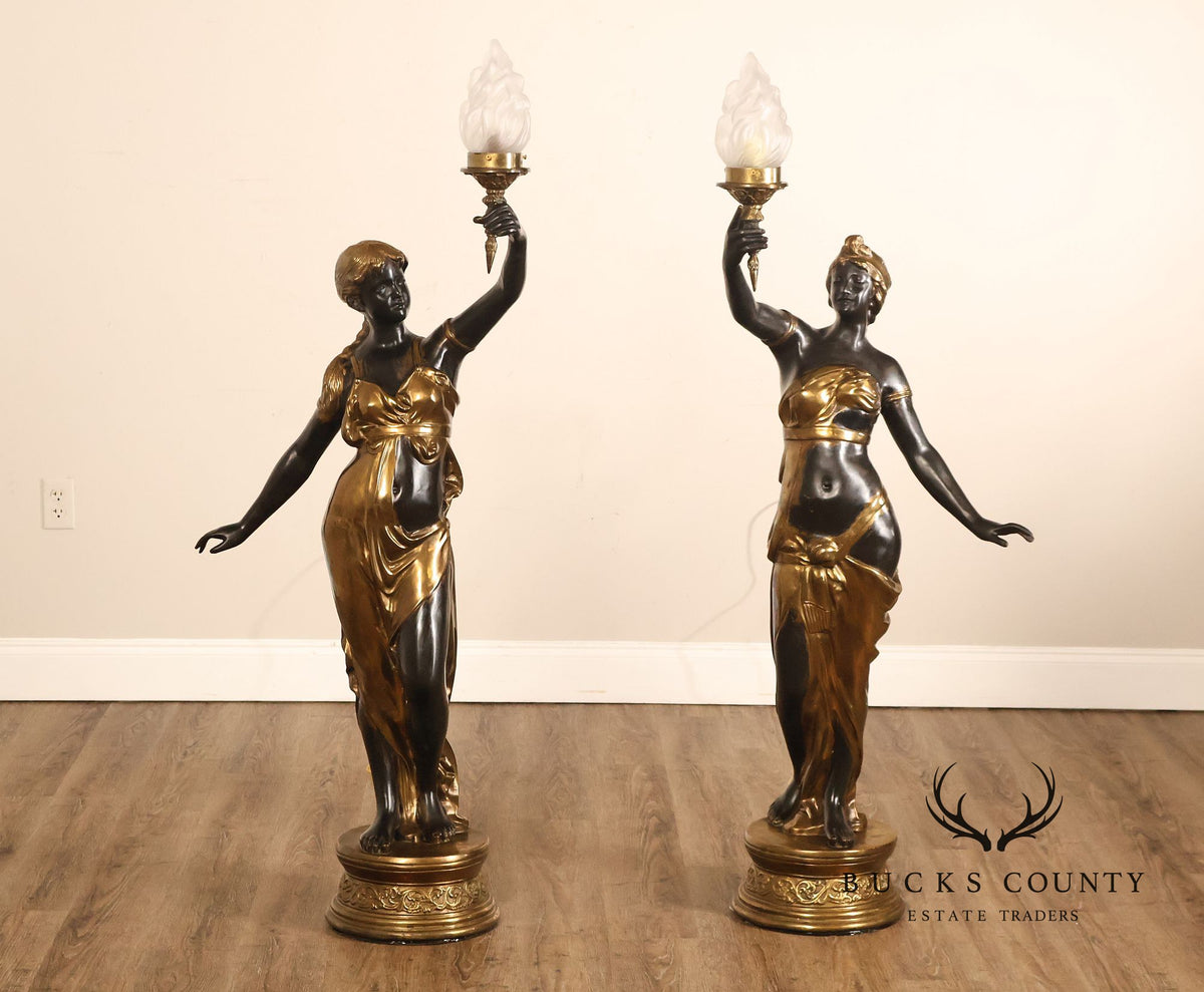 Neoclassical Style Pair Of Bronze Figural Torchere Floor Lamps