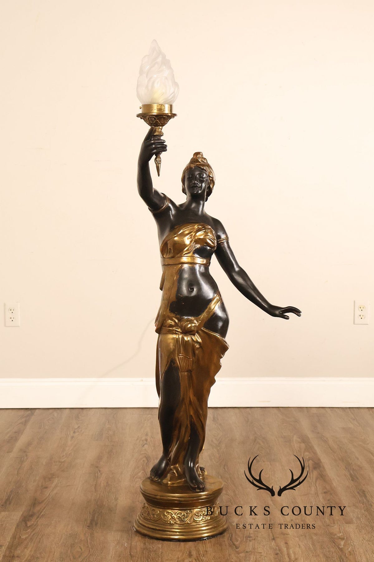 Neoclassical Style Pair Of Bronze Figural Torchere Floor Lamps