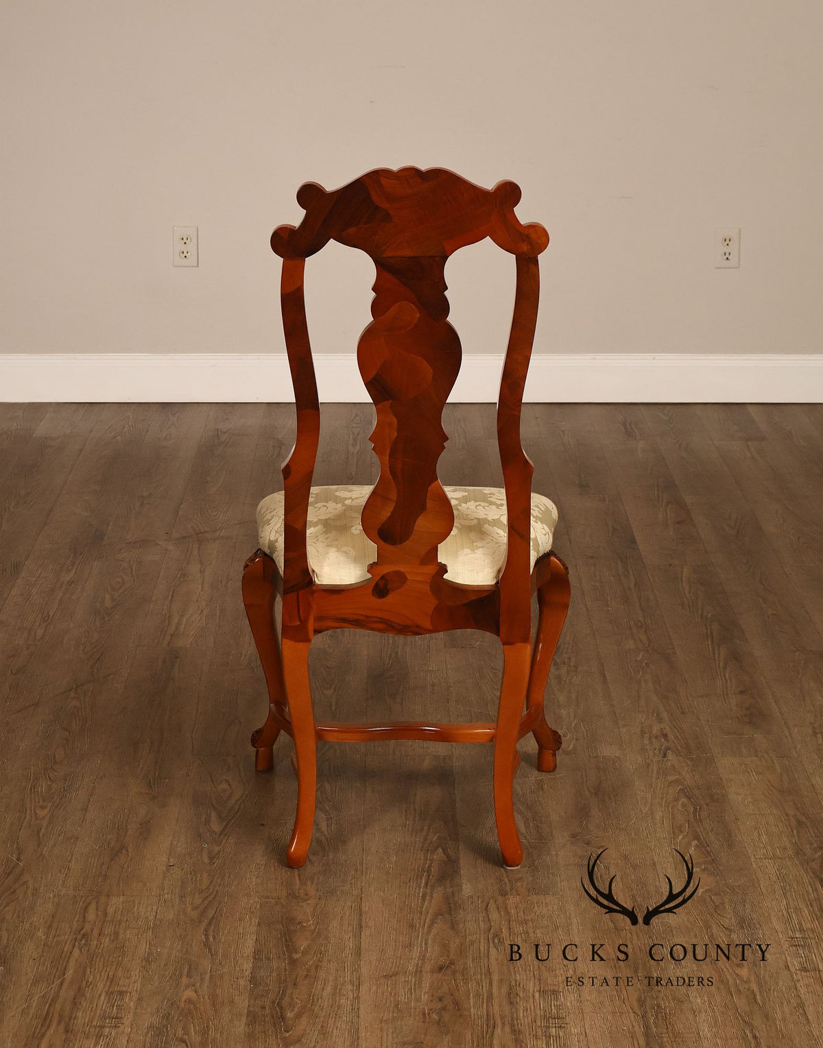 Italian Baroque Style Set of Eight Inlaid Olive Wood Dining Chairs