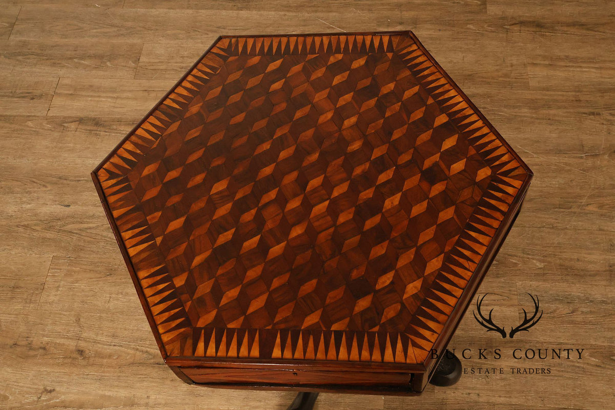 Antique British Colonial Game Table Geometric Wood Inlay