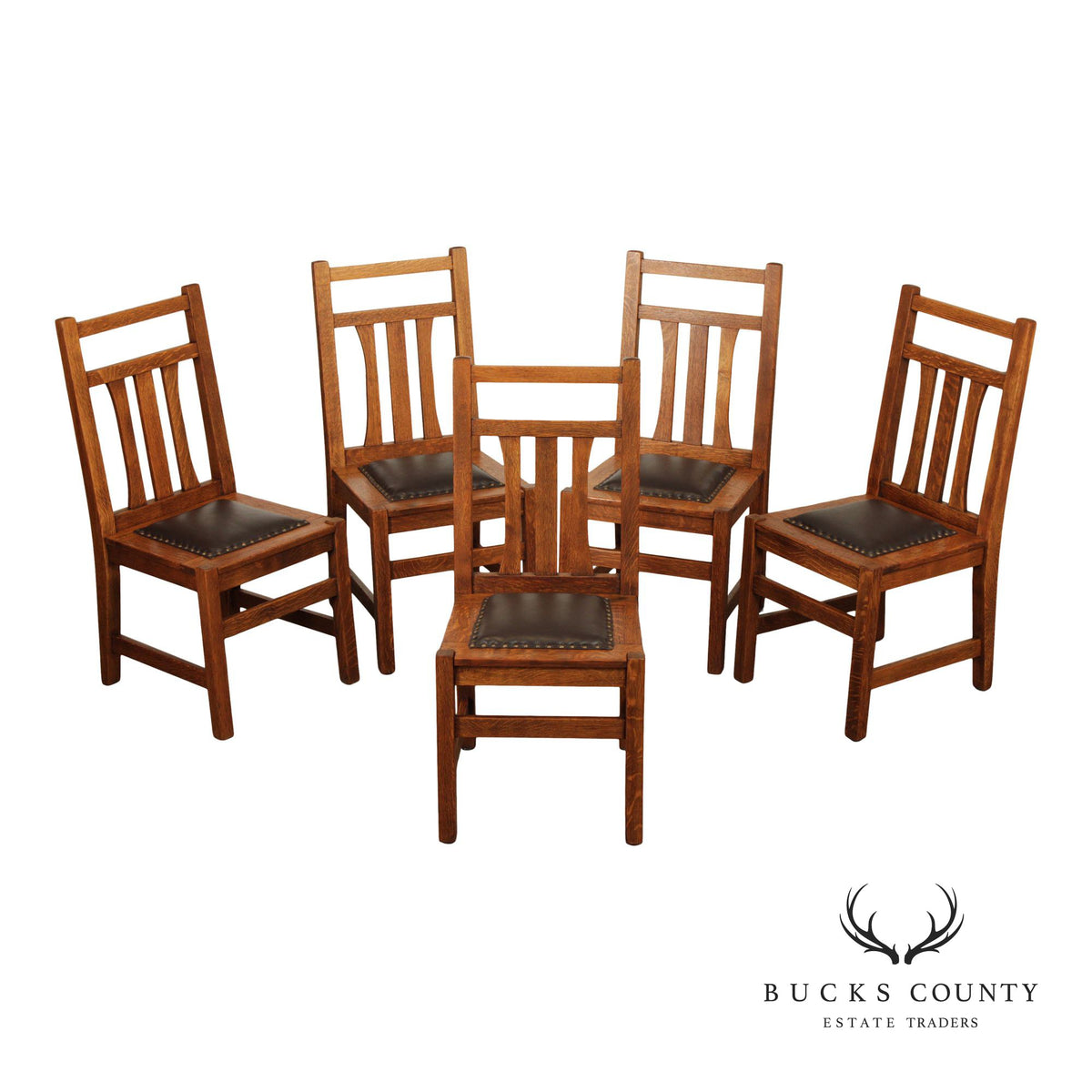 Antique Mission Oak Set of Five Dining Side Chairs