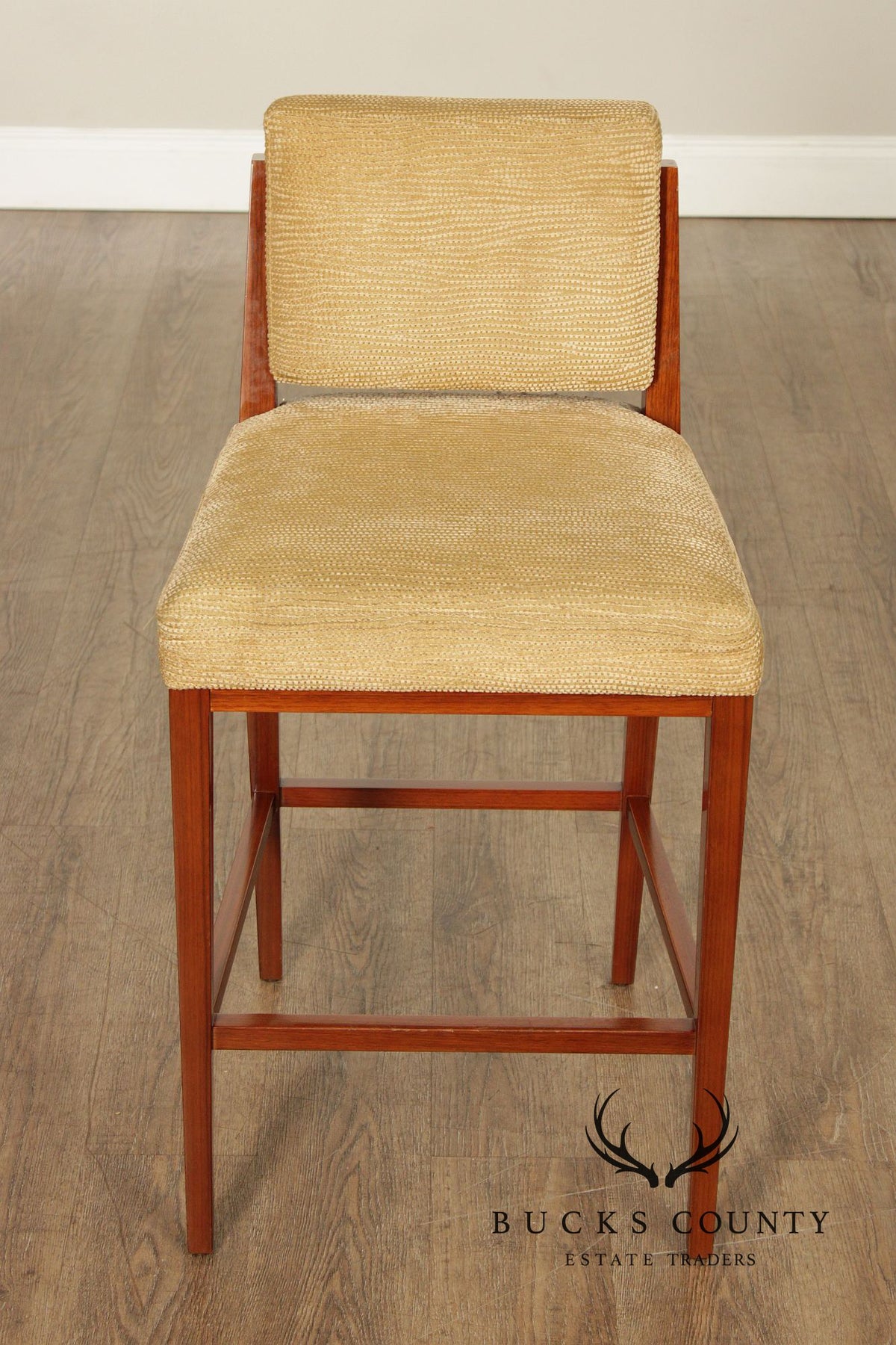 Mid Century Modern Style Set of Four Walnut Upholstered Counter Stools